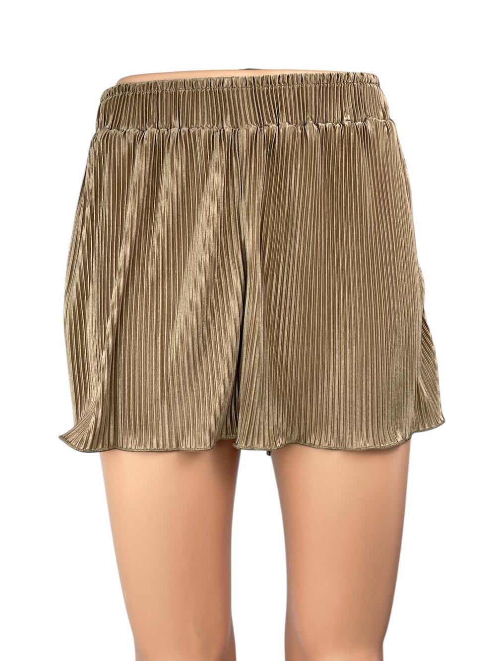 Waverles Brown Satin Pleated High Rise Elastic Waist Flowy Wide Leg Shorts Sz S
